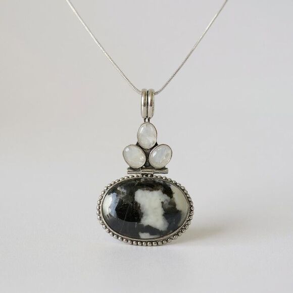 Western White Buffalo Turquoise Rainbow Moonstone Articulating Pendant Necklace - Picture 2 of 6